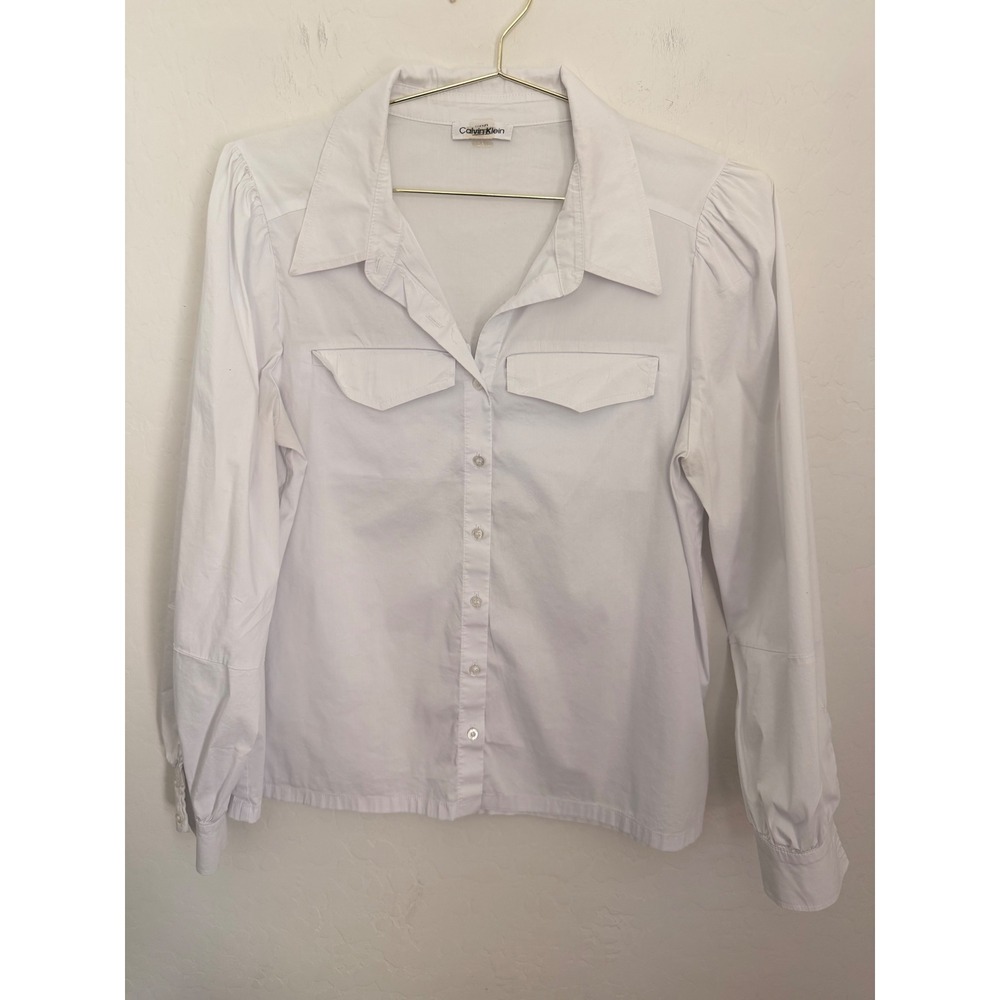 Calvin Klein Womens White Long Sleeve Puff Shoulder Button Down Shirt Size M